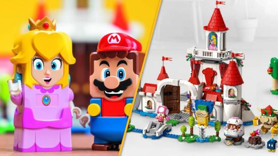 Lego versions of Princess Peach and Mario are shown next to a lego version of Peach's castle