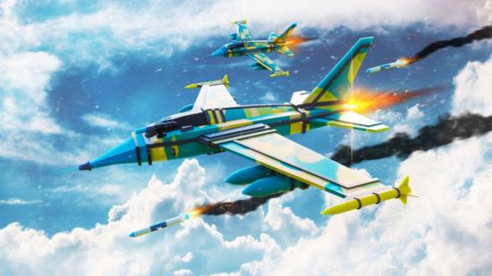 Cartoon jets fly in the sky, launching missiles, in the Roblox game Military Tycoon.