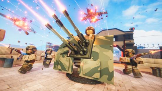 Roblox characters fire large artillery, as a jet explodes in the sky above, in Military Tycoon.
