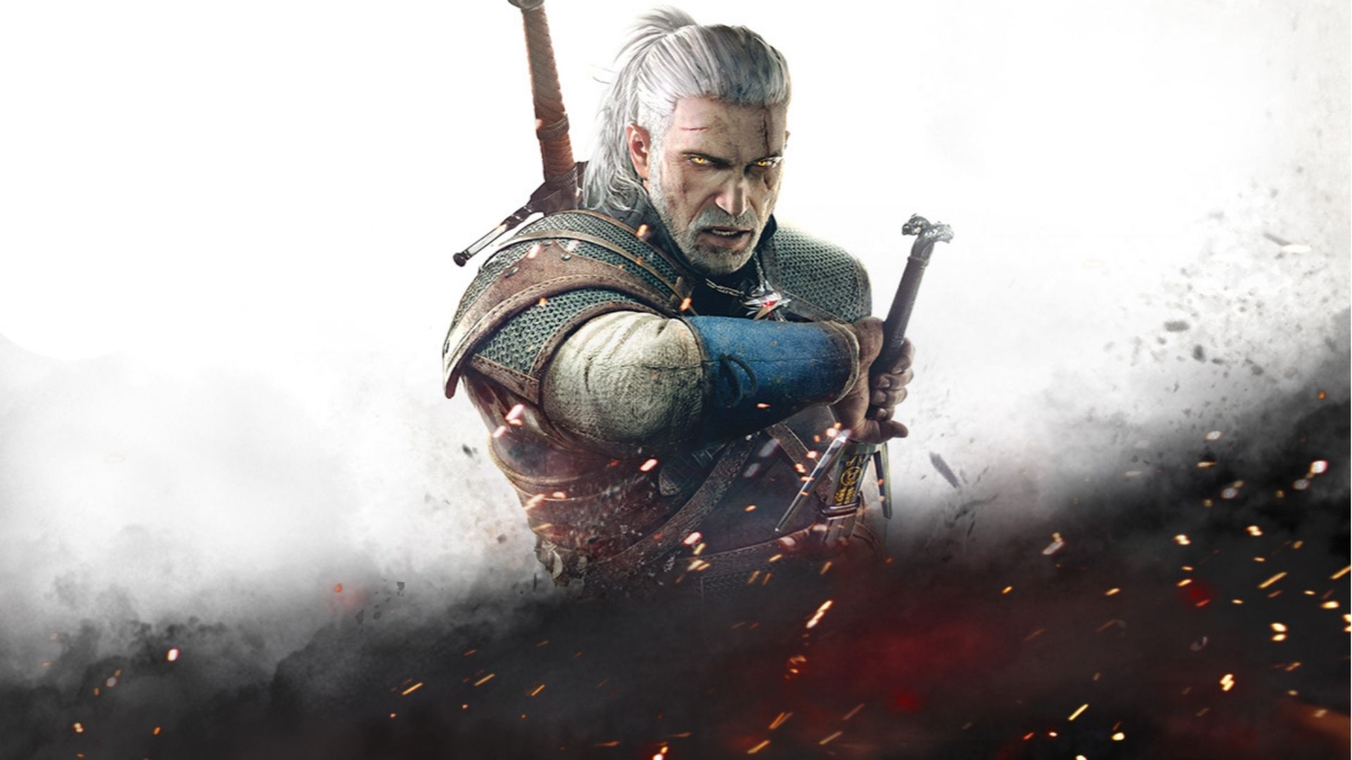 Geralt tirant son épée devant un fond blanc