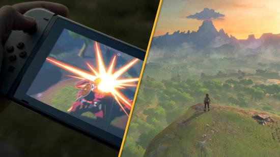 A pair of hands is seen holding a Nintendo Switch next to a screenshot from Breath of the Wild