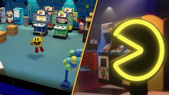 An image shows Pac-Man jumping for joy in an arcade, next to an image of a neon light in the shape of Pac-Man