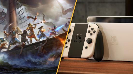 On the left, art for Pillars of Eternity 2, showing multiple warriors on a ship, with giant eagles swirling in the skies. On the right, the Nintendo Switch OLED model, docked.