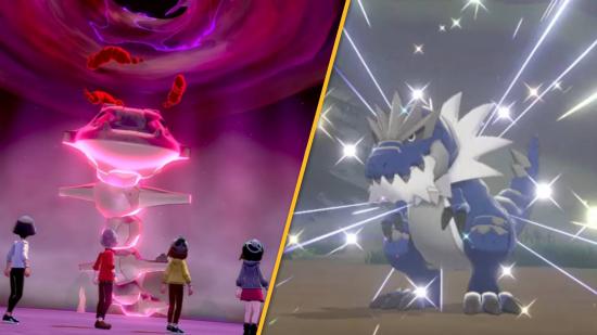 A screenshot shows a max raid battle, next to an image of shiny Tyrantrum, the t-rex Pokemon