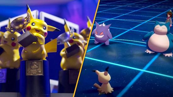 A pikachu holding a trophy is next to a screenshot from Pokemon Sword & Shield