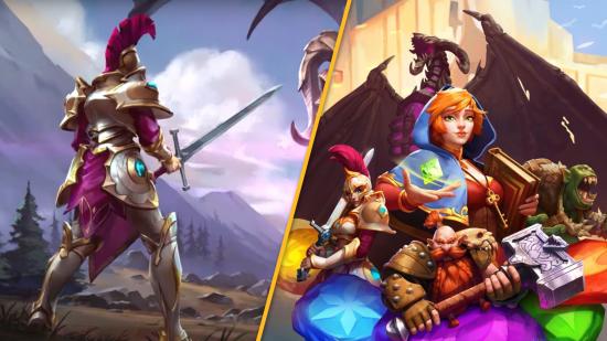 Key art from Puzzle Quest 3, showing a lineup of characters: a dragon, a bearded hammer-wielding man, a sword wielding centurion, and a ginger magical-looking lady.
