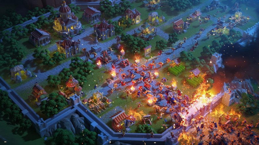 A screenshot from Rise of Kingdoms showing a battlefield from a bird eye view.