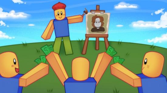 Three Roblox avatars cheering with their backs to us, facing another avatar dressed like an artists, showcasing a painting on an easel. This all is taking place on a grassy hill.