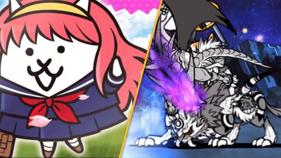 A schoolgirl cat and a huge angry feline