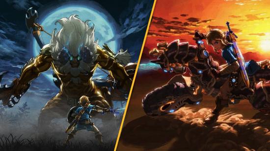 promotional artwork for breath of the wild shows link facing a lynel, and then Link riding a motorcycle