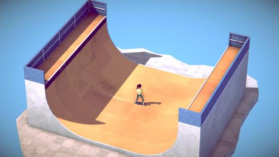 A pastel coloured scene shows a small skateboarder on a ramp