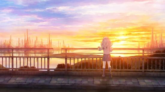 Iori Fuyusaka looks over a bay to a city in the distance as the sun sets in the cloudy horizon, for our 13 Sentinels: Aegis Rim Switch review.