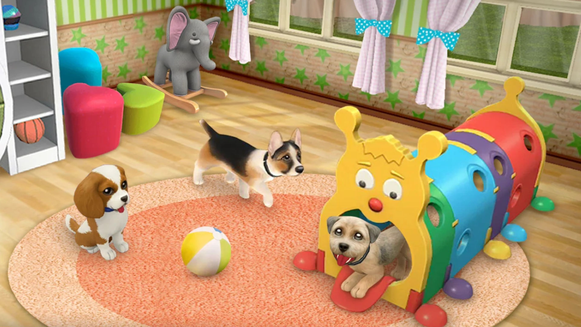Juegos como Barbie;  Captura de pantalla de Dog Town que muestra cachorros jugando