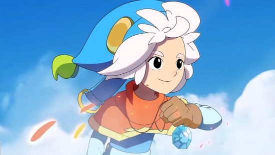 Moonstone Island release date: a character with whiet hair and a blue hat against a blue, cloudy sky