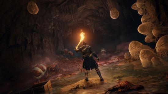 Elden Ring character walking through a cave with a torch