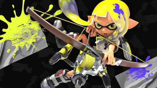 A Splatoon 3 character in an aerial pose holding a bow and arrow style weapon, the Trick-Stinger.