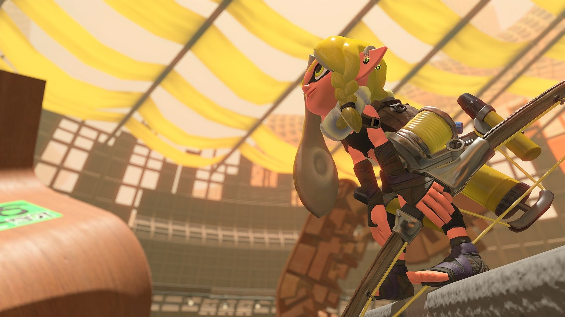The main character holding a Splatoon 3 weapon, the Sri-Stinger, while looking over a ledge.