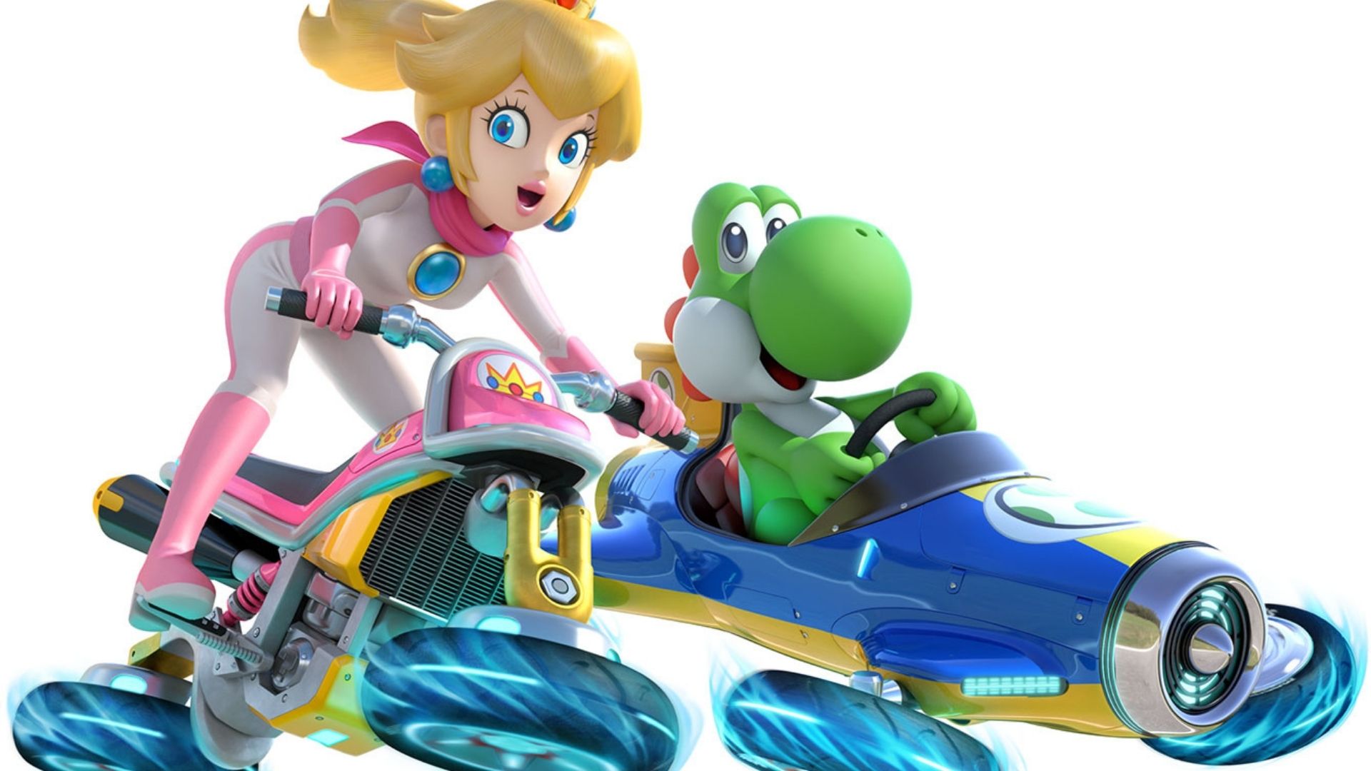Yoshi and Peach riding futuristic karts from Mario Kart 8.