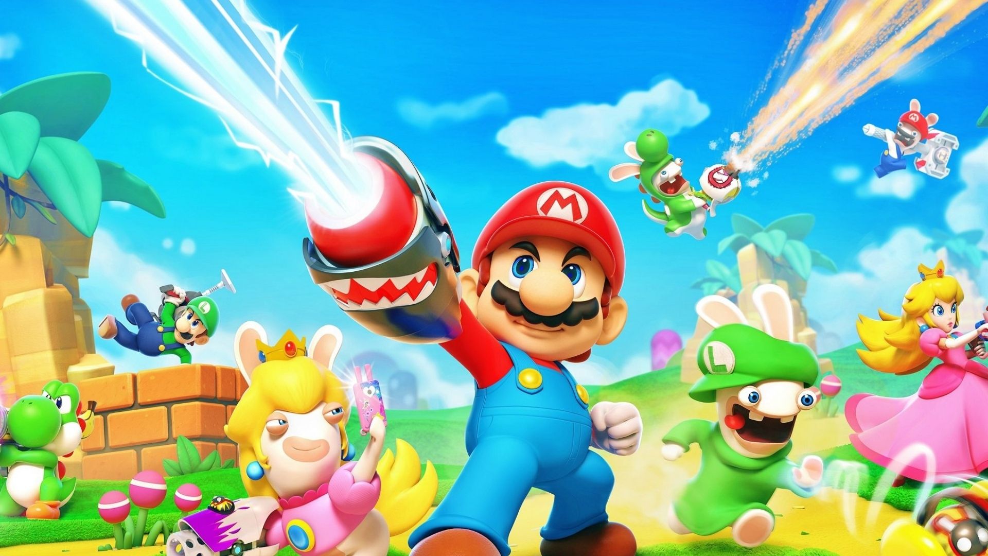 Mario, Luigi, Peach, Yoshi, and some Rabbits posing for the art of Mario + Rabbids Kingdom Battle.