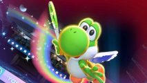 Yoshi flying through the air with a tennis racket in hand for Mario Tennis Aces.