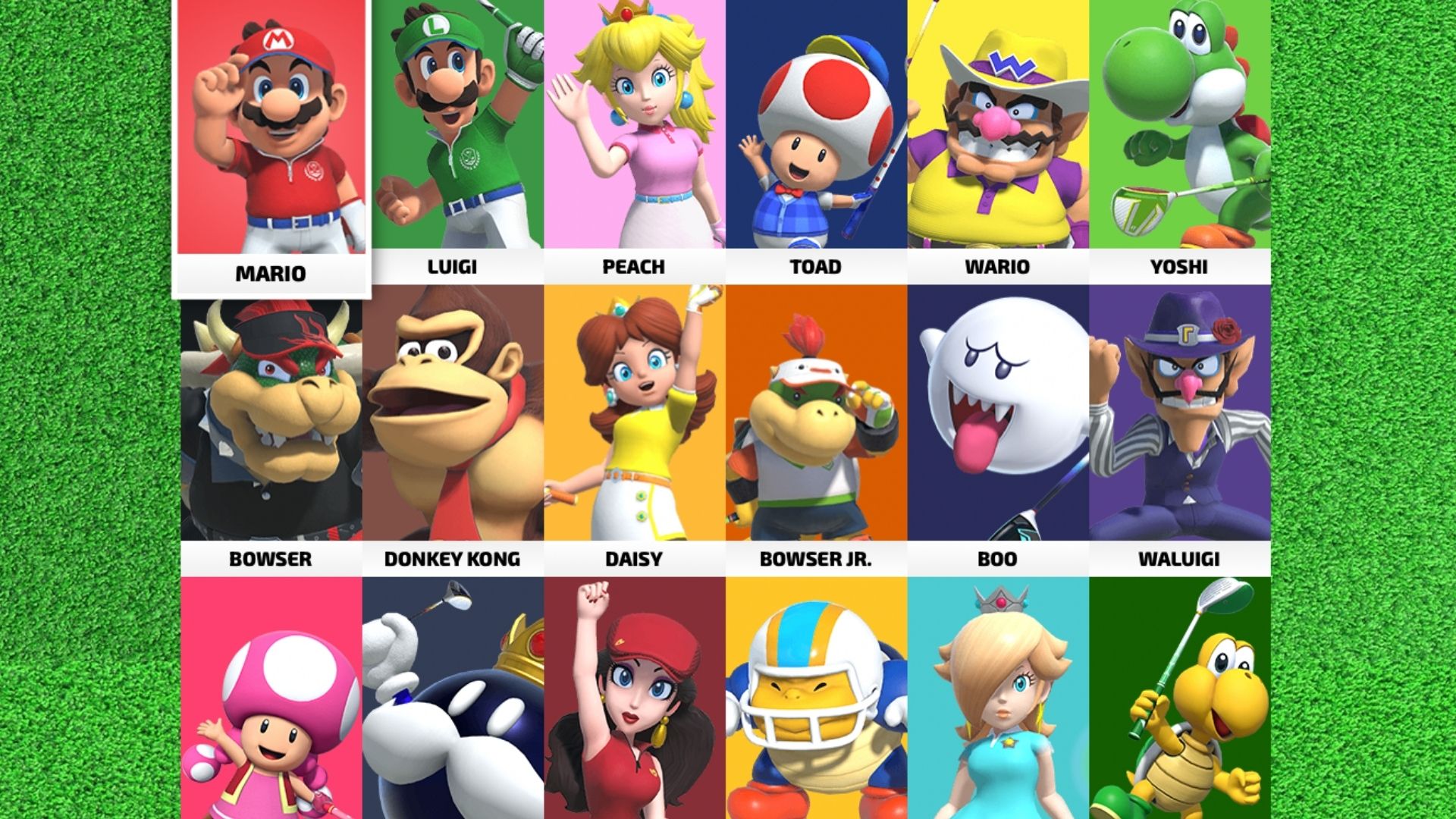 The lineup for Mario Gold Super Rush, includeing, Mario, Luigi, Peach, Toad, Wario, Yoshi, Bowser, Donkey Kong, Peach, Boo , Bowser Jr., Wario, Toadette, King Bobomb, the mayor of New Donk City, Rosalina, and a koopa.