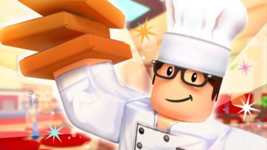 Adopt Me values 2022 - art of a Roblox man (basically a bigger, blockier Lego figure) wearing glasses and a chef's outfit, holding pizza boxes aloft in one hand.