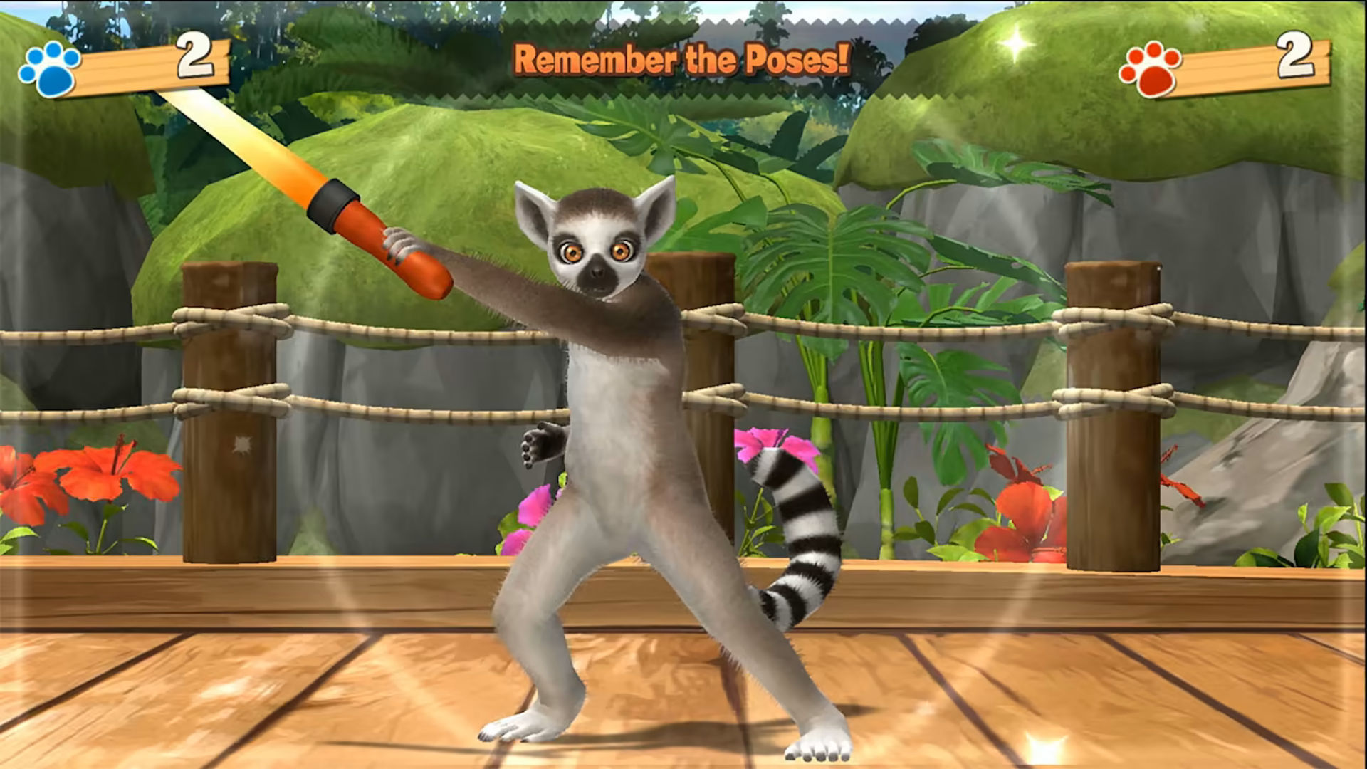 Animal Games: Fun! Fun! Animal Park gameplay showing a lemur dancing'