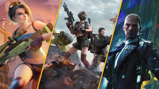 One the left, Art from Creative Destruction, a battle Royale game, showing a lady in shorts and a tank top holding a gun, running away from an explosion. On the right, Art from Garena Free Fire, a battle royale game, showing a bald man with two machine guns akimbo, wearing a suit in the rain, with neon signs behind him. In the middle, Art from PUBG Mobile, showing two strong men in lots of armour wielding guns, and a woman in a short skirt wearing a mask, as the ground below them explodes.