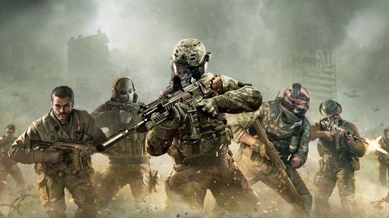 Art from Call of Duty mobile, a battle Royale game, showing five soldiers, all in camp gear, walking through smoke, guns raised.