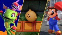 Three of the best games like Kirby on Switch have been spliced together in a composite image - on the left, you see Yooka and Laylee from Yooka-Laylee and the Impossible Lair, in the middle you see the Anti-Kirby from The Legend of Zelda: Link's Awakening, then on the right you see Mario in Super Mario Odyssey.