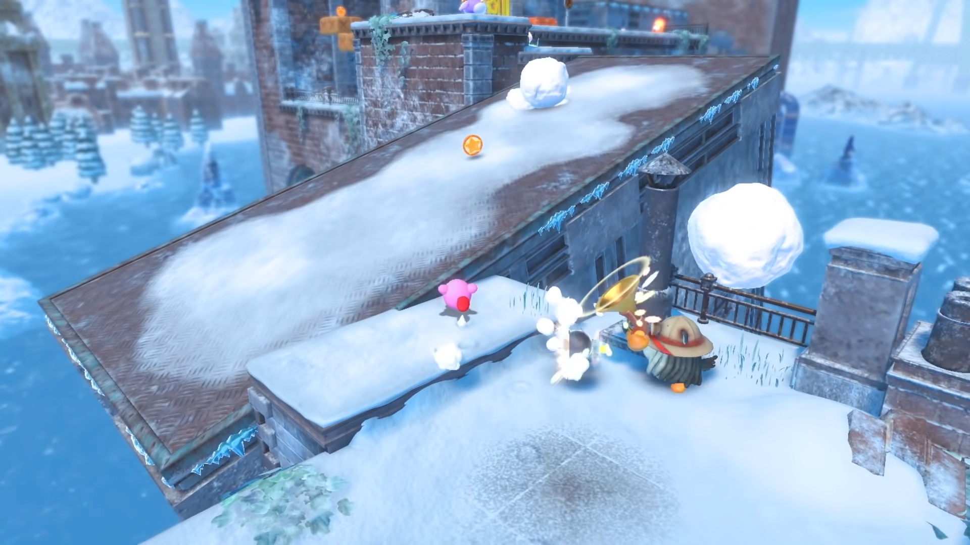 Kirby's Forgotten Land screenshot, showing Kirby avoiding enemies and jumping on icy platforms in 3D.