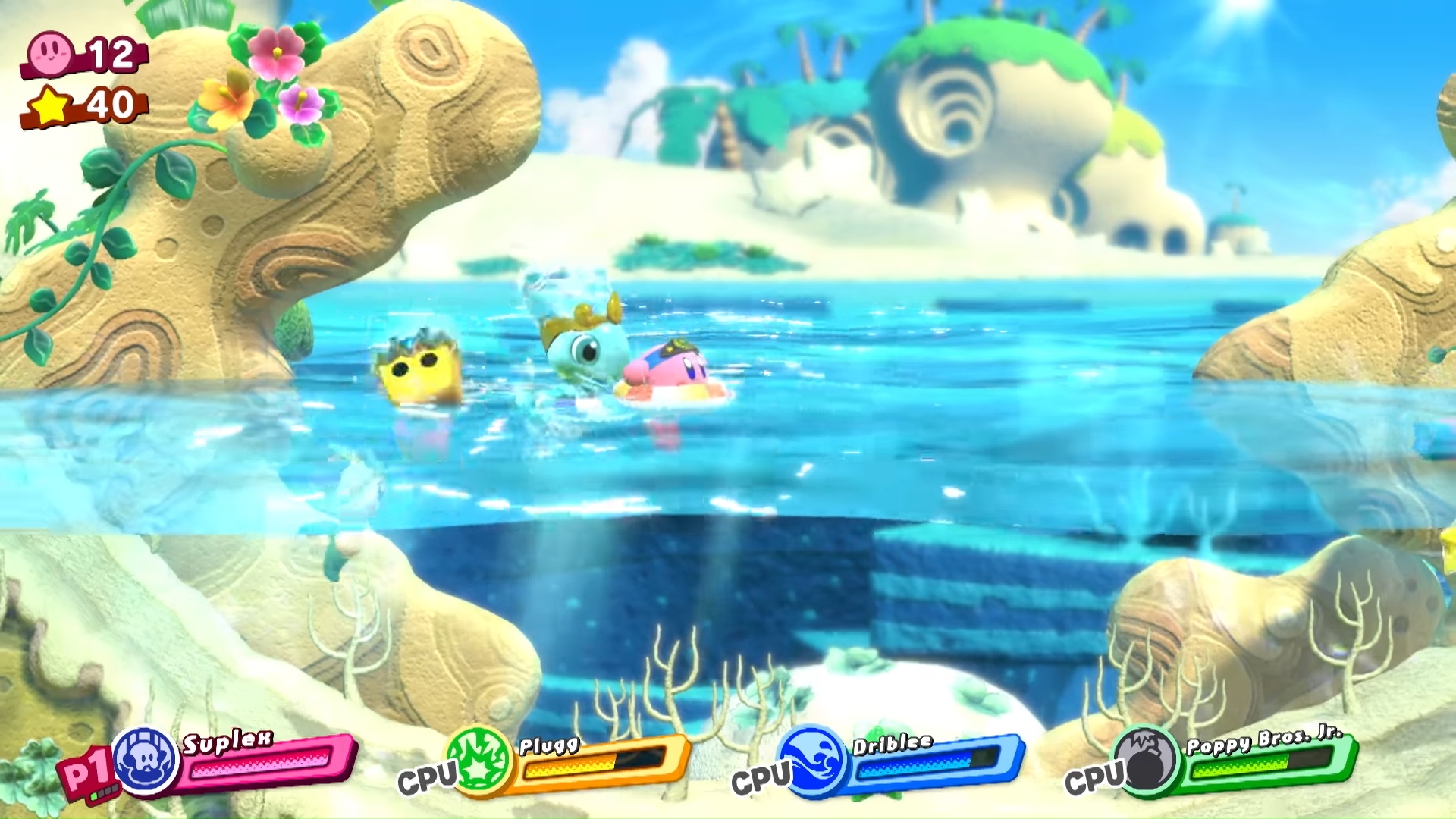 Best Kirby games: Kirby Star Allies. Image shows Kirby in a rubber ring out on the water.