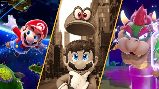 A custom header image with art from three of the best Mario games, split vertically. On the right, bowser comes out of a warp pipe. On the right, Mario glides through space with a planet in the background. In the middle, Mario holds his hand to his chin thoughtful, as Cappy jumps of his head, eyes wide.