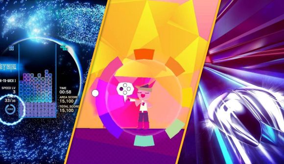 best music games: screenshots show Wandersong, Thumper, and Tetris Effect