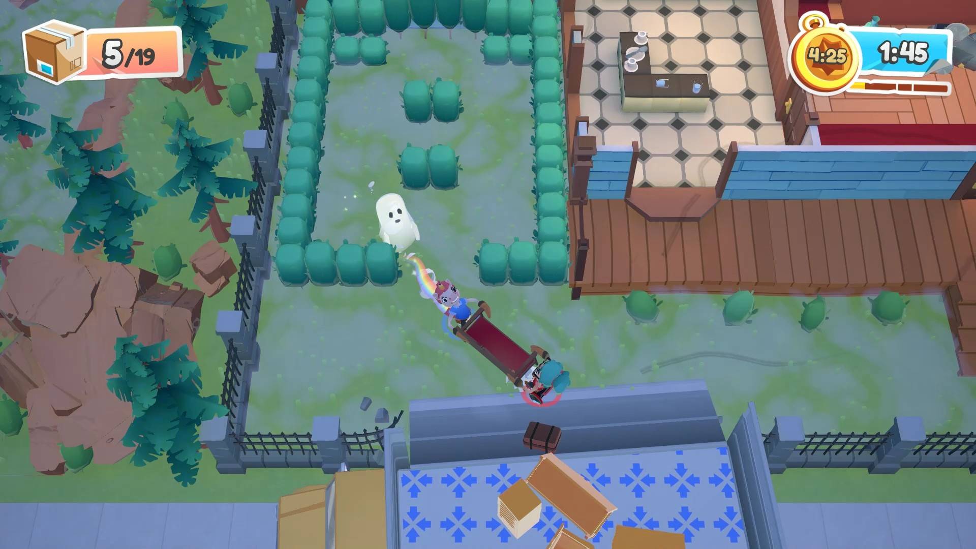 Best Switch multiplayer games: Two characters attempt to move furniture in a garden filled with hazards