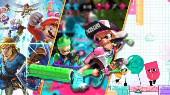 Best Switch multiplayer games: Key art is visible for Super Smash Bros Ultimate, Splatoon 2, and Snipper-Clips
