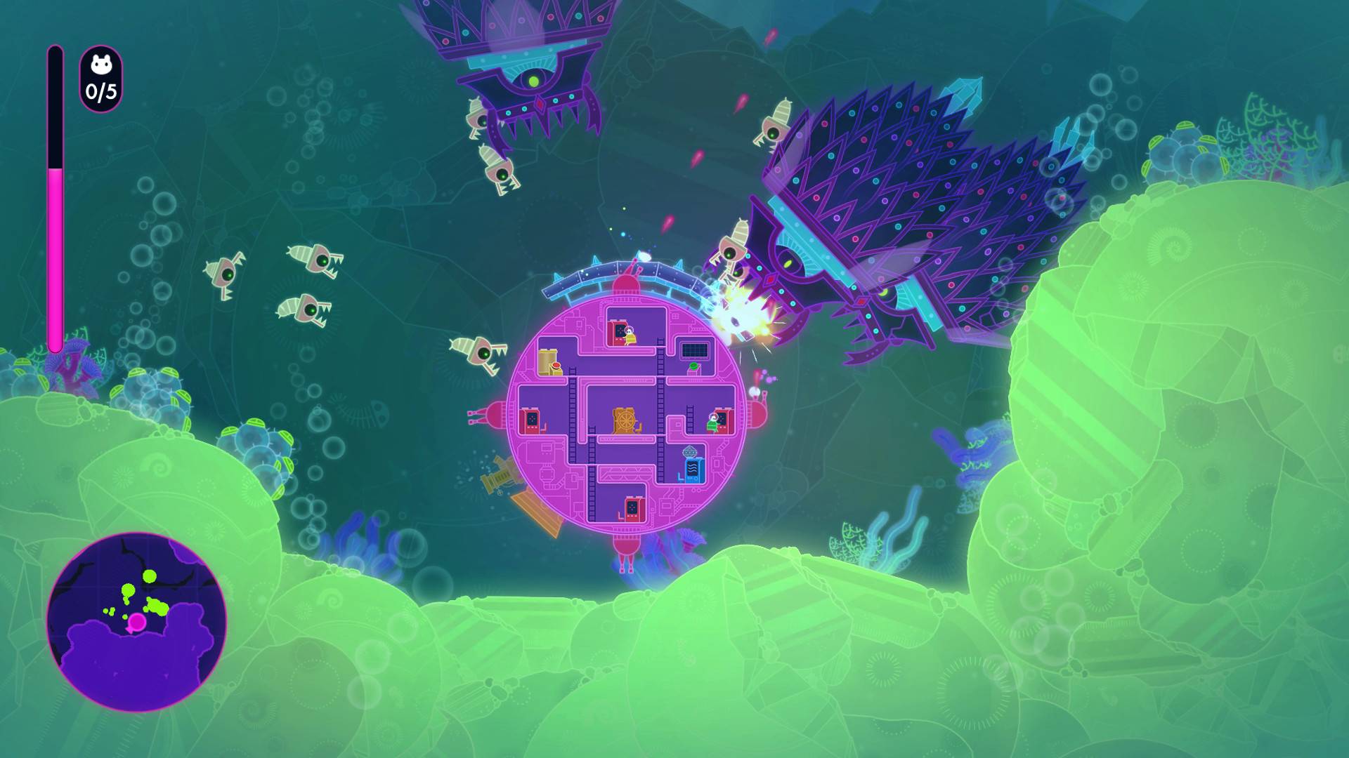 Best Switch multiplayer games: a colourful scene shows a spherical spaceship navigating through space 