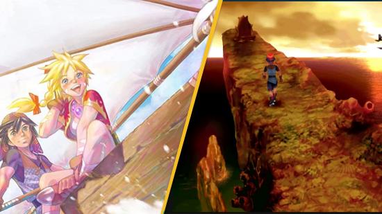 Chrono Cross pre-order images spliced together - the one on the left shows the main characters on a boat, as seen in the official artwork for the game, the one on the right shows a screenshot of a person standing by a grave on a cliff in-game.