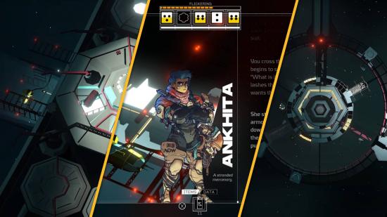 Citizen Sleeper release date: Three screenshots show a space station floating in space, a docked spacecraft, and a character dialogue menu