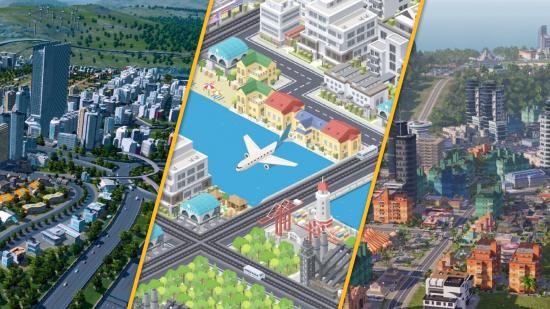 On the left, A screenshot from Cities: Skylines showing a metropolis. On the right, A screenshot from Tropico 6, showing a town by the coast. In the middle, A screenshot from Pocket City, showing a plane flying over a city..