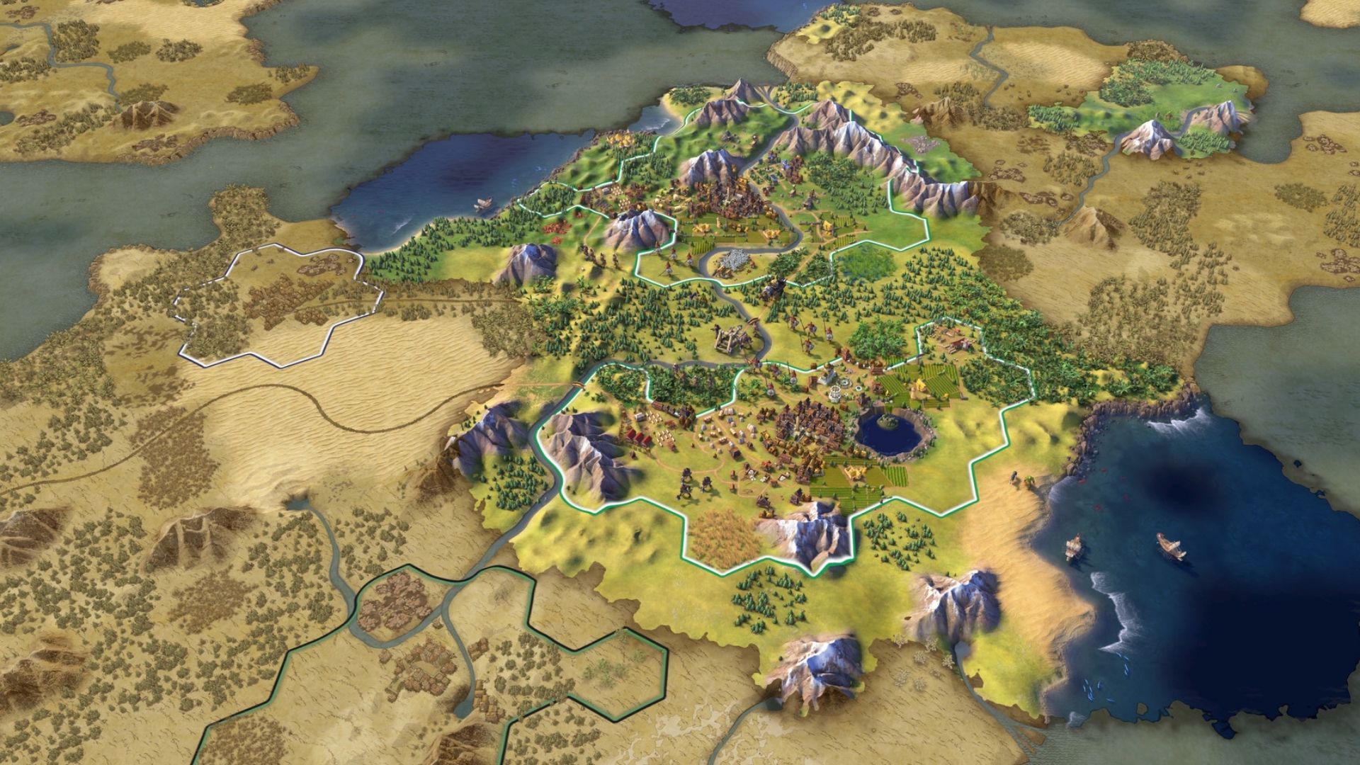 Best city-building games: Civilization VI. Image shows a large landscape with mountains, deserts, oceans, and forests divided into hexagons.-