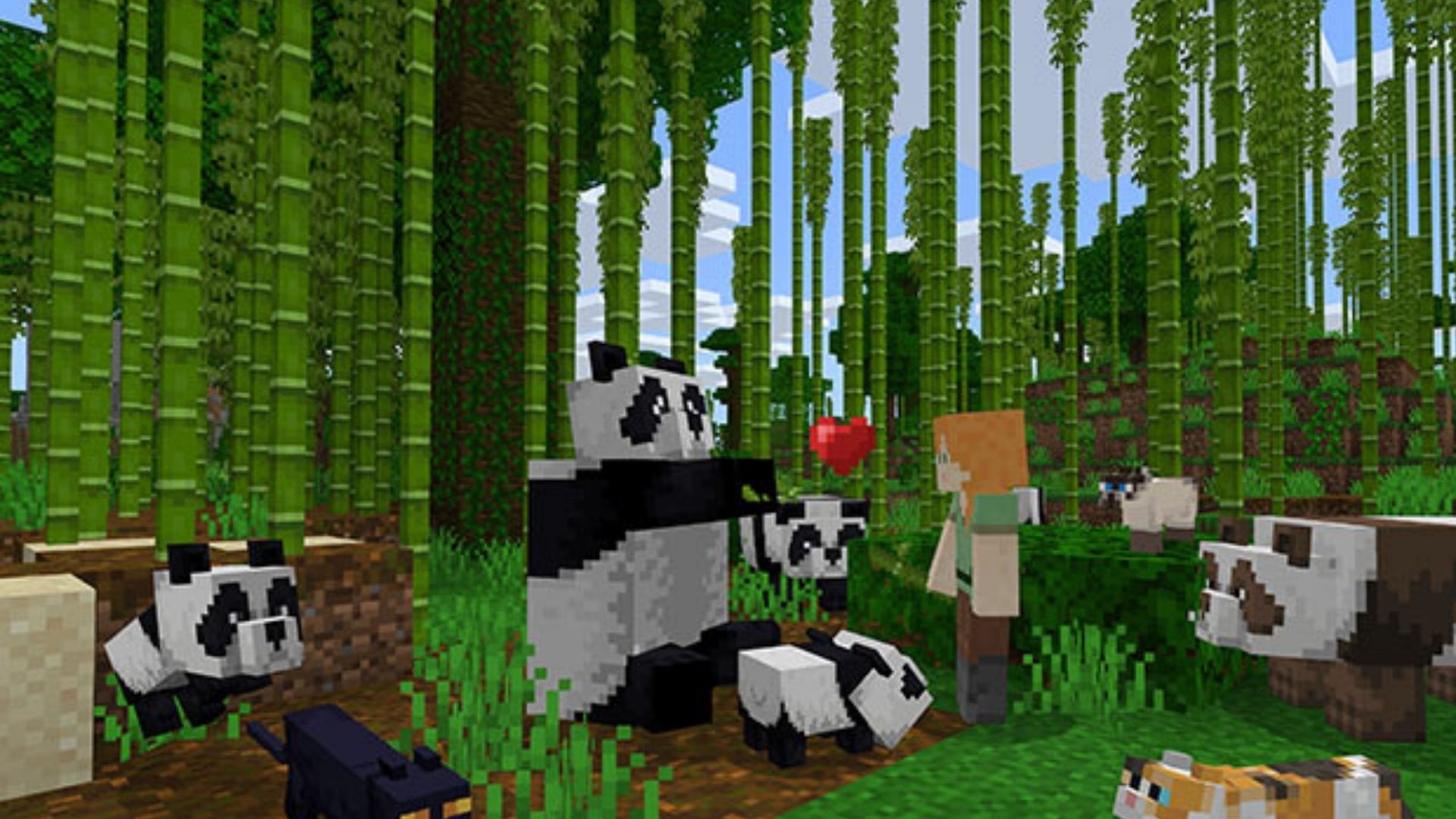 Best city-building games: Minecraft. Image shows a group of pandas near the character Alex in a field of bamboo.