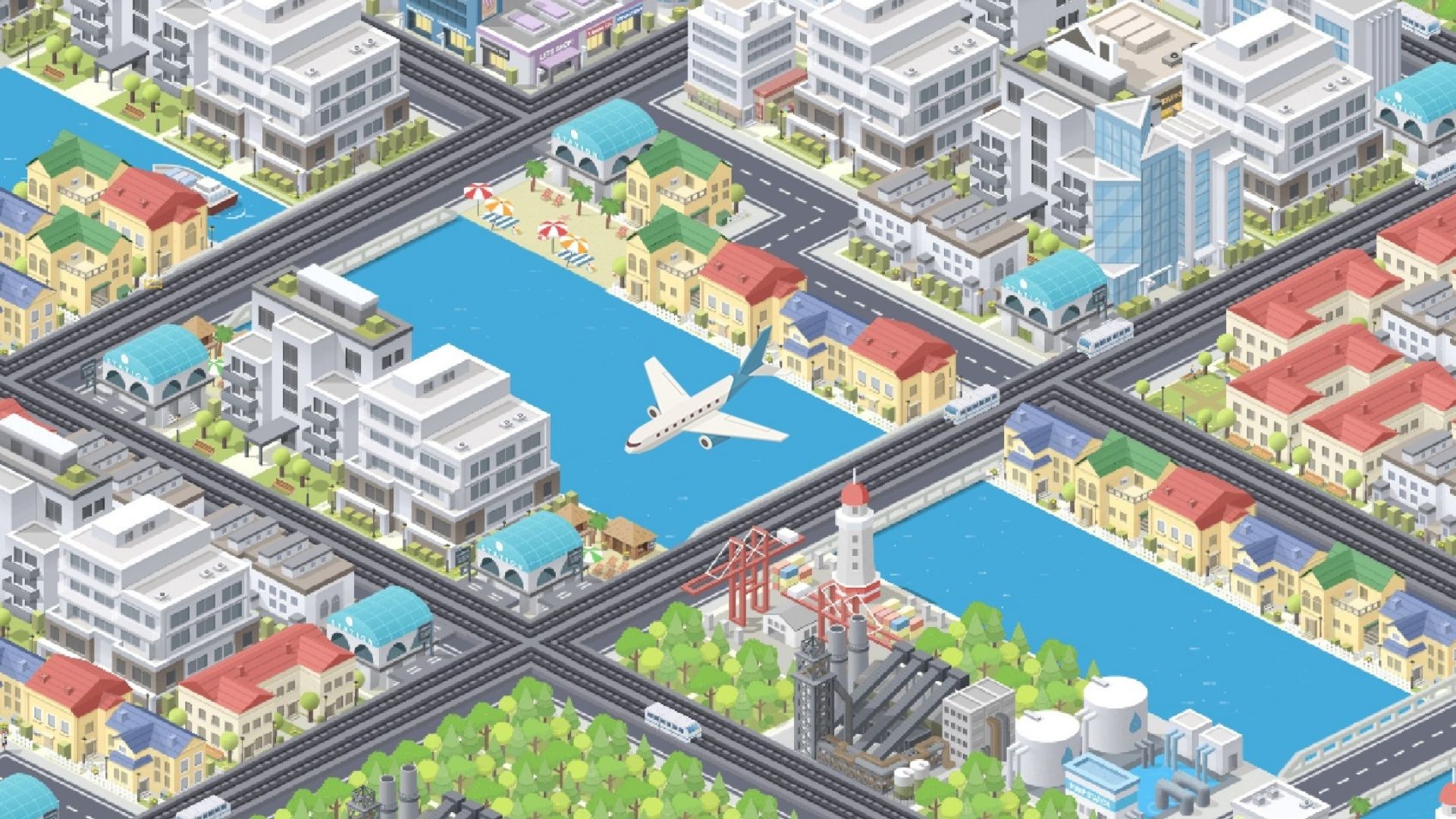 Best city-building games: Pocket City. Image shows a plane flying over an isometric cityscape.