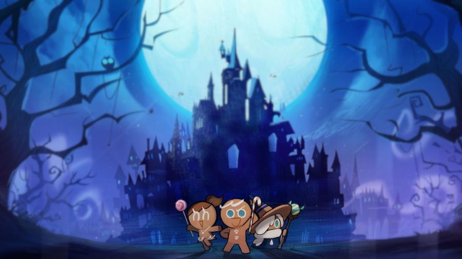 Cookie Run Witch's Castle characters in front of a spooky castle