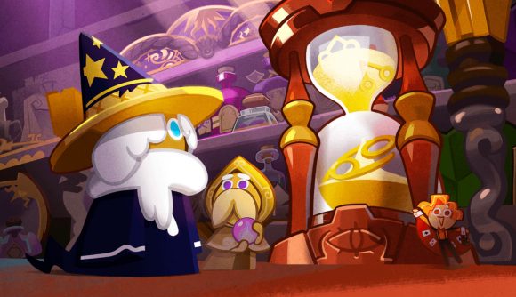 A wizard cookie looking at an hourglass