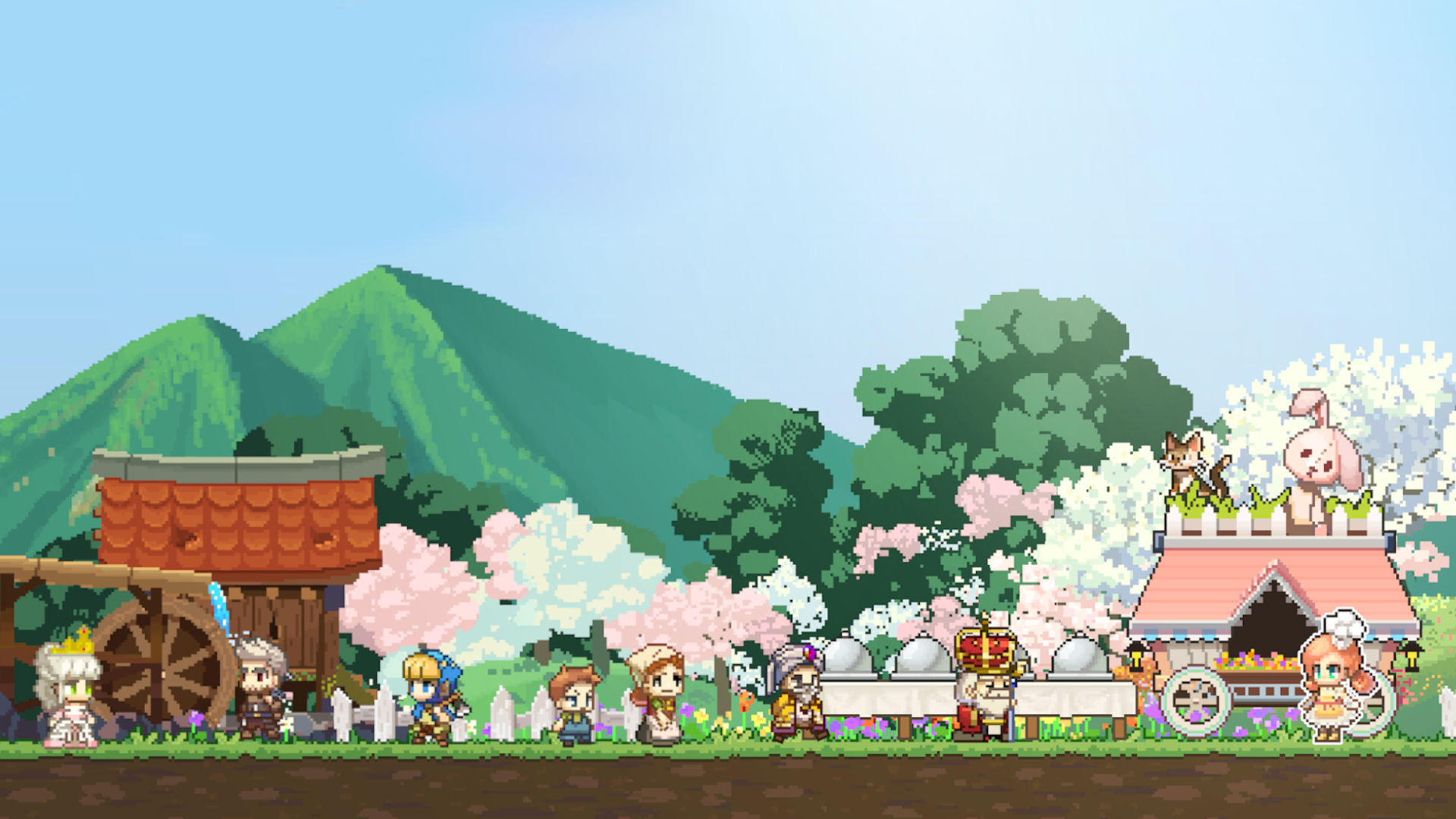Cooking games; Cooking Quest pixel landscape showing characters lining up by a food cart