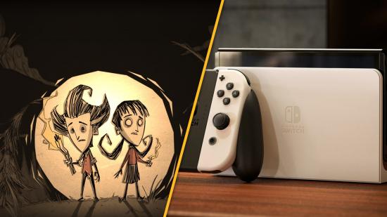 On the left, two characters from Don't Starve. On the right, a Switch OLED model in docked mode.