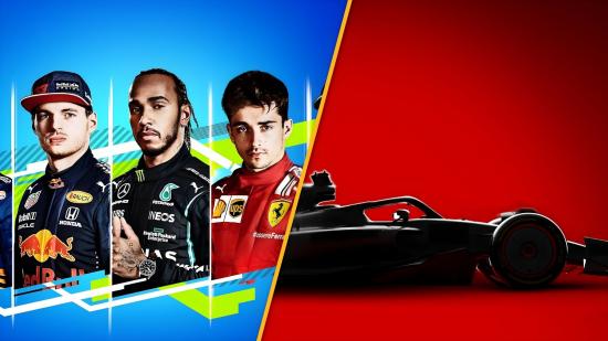 On the left, Verstappen, Hamilton, and Leclerc, lined up in their racing gear. On the right, the new 2022 F1 car in silhouette, coming soon in an F1 mobile racing update.