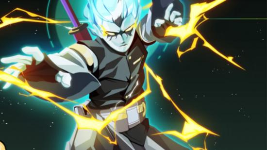 A character from Shindo Life, weilding lighting with his hands, hair glowing blue, eyes glowing yellow, wearing a black outfit, with a sword on his back.