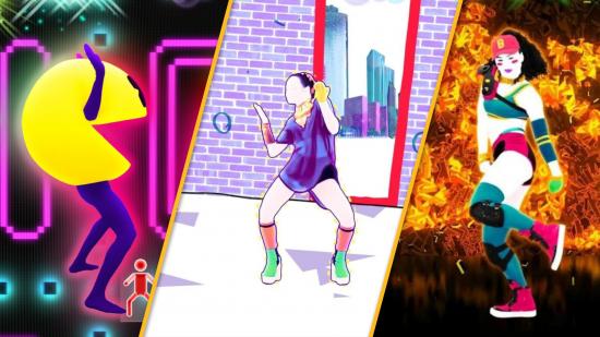 Στιγμιότυπα από τρία διαφορετικά παιχνίδια Just Dance σε μια προσαρμοσμένη εικόνα κεφαλίδας, χωρισμένα κατακόρυφα. Στα δεξιά, ένας άνθρωπος γελοιογραφίας σε μια στολή Pac-Man από το Just Dance 2019. Στα δεξιά, ένας άνθρωπος γελοιογραφίας μπροστά σε ένα φλογερό υπόβαθρο στο Just Dance 2022. Στη μέση, ένας κινούμενων ανθρώπινων χορού μπροστά σε έναν καθρέφτη στο Just Dance 2017